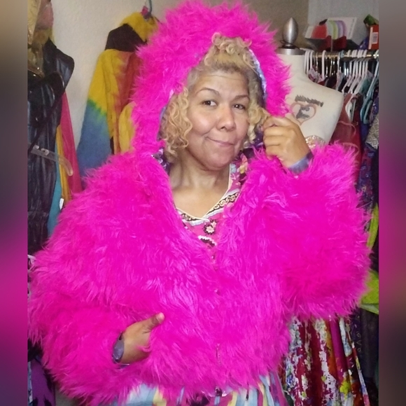 Hot Pink Shag Faux Fur Bomber zip up Hoodie Festival Rave Club - Picture 1 of 4